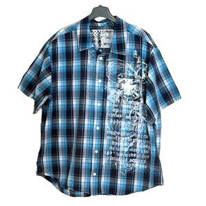Vintage Surplus Button Front Short Sleeve Men's Plaid Y2K Cross Graphic Size XL